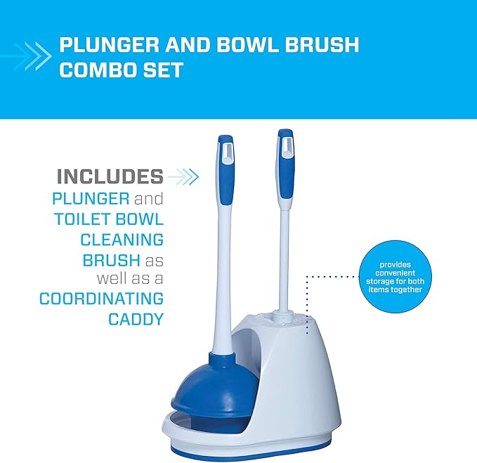 Mr. Clean Toilet Plunger and Bowl Brush Combo with Caddy, 3-Piece Heavy-Duty Plunger, Toilet Brush, and Caddy Set, White/Blue