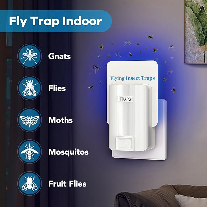 Fly Trap lndoor, 2 Pack Plug-in Fruit Fly Traps with 6 Refills, Gnat Killer Indoor Bug Catcher for Flies, Moths & Other Flying Insects