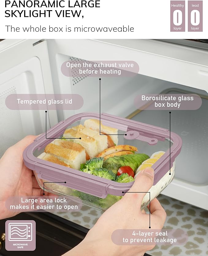 5-Pack Borosilicate Glass Containers with Tempered Lids, 35.2oz/4.4 Cup Airtight Meal Prep Set, Microwave/Freezer Safe (Pink)