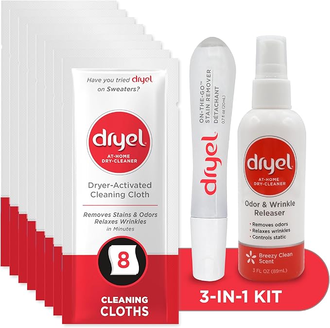 dryel At-Home Dry Cleaner Starter Kit with Wrinkle Release Spray, New and Improved, Gentle Laundry Care for Special Fabrics and Dry-Clean-Only Clothes, 8 Loads with On-the-Go Stain Remover