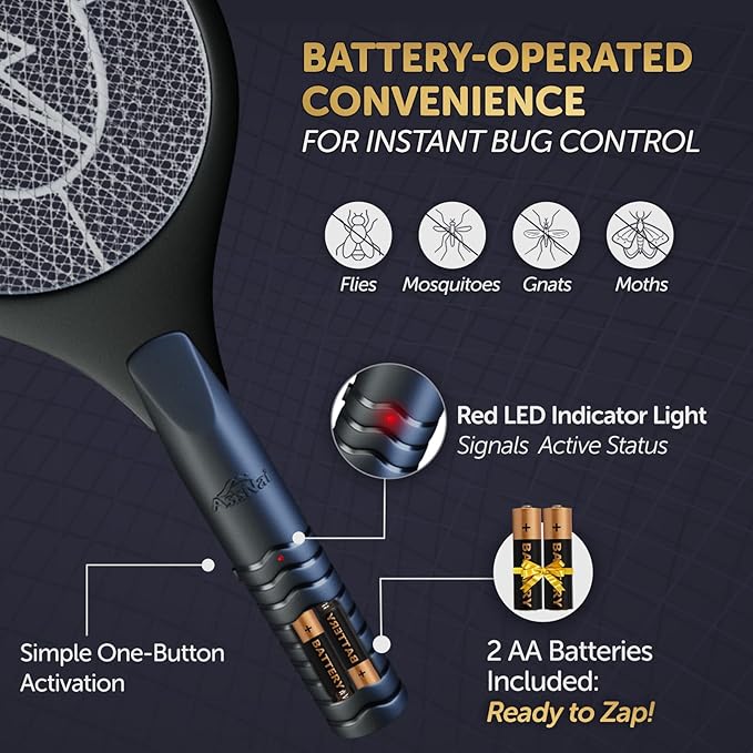 Bug Zapper Racket - Electric Fly Swatter & Mosquito Zapper for Indoor/Outdoor Insect Control - Battery-Operated Tennis Racket Zap - Lightweight & Portable High Voltage Bug Zapper - Black Mamba