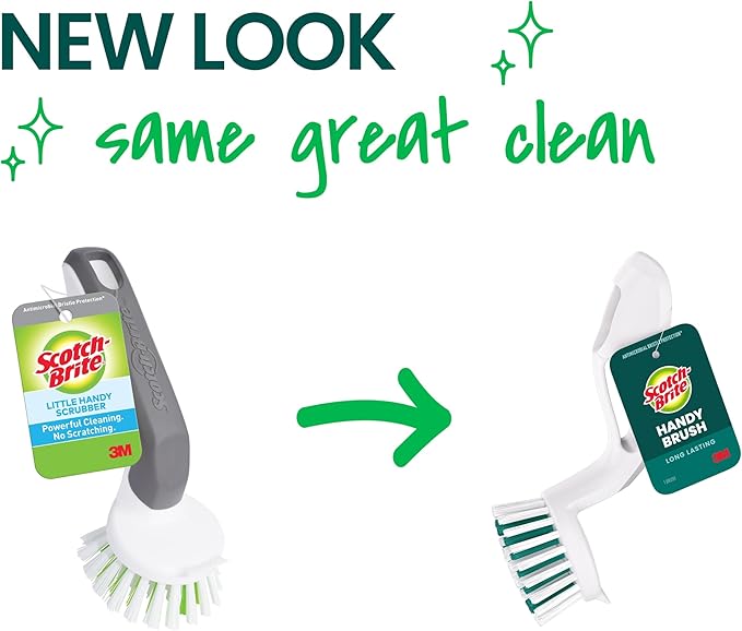 Scotch-Brite Handy Brush, Small and Durable Dish Brush with Handle for Scrubbing Hard-to-Reach Cookware, Tubs, Sinks, Car Tires, and More without Scratching, Antimicrobial, and Rinses Clean
