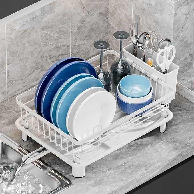 Dish Drying Rack, Stainless Steel-Dish Rack, Dish Racks for Kitchen Counter, Kitchen Dish Drainers with Removable Utensil Holder,New drain outlet,Plate Rack and Drainboard,(White-11" W x 15" L)