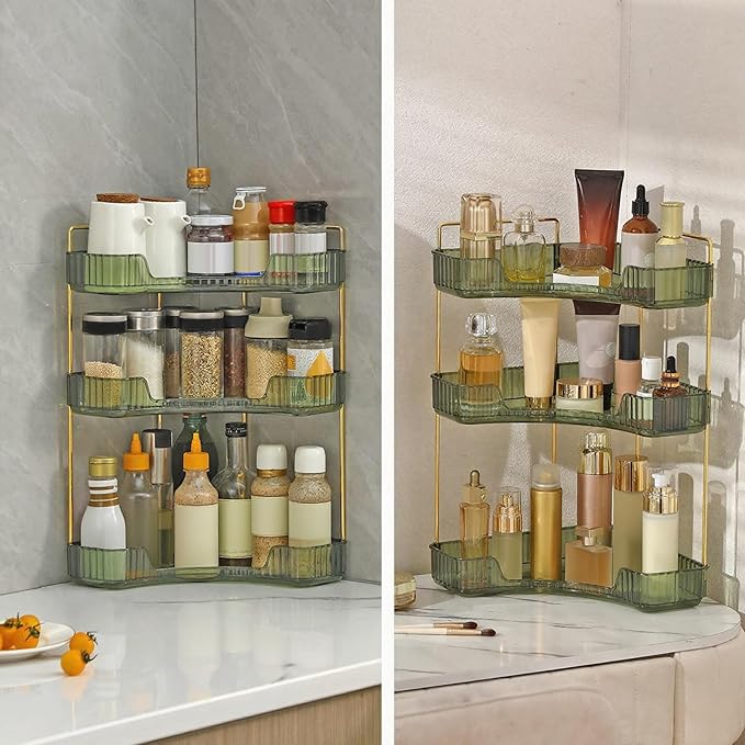 INVSSENE Corner Bathroom Countertop Organizer, Vanity Trays for Bathroom Counter, Makeup Organizer, Perfume Tray, Kitchen Spice Rack, Fits 90 Corner(Green, 3 Tiers)