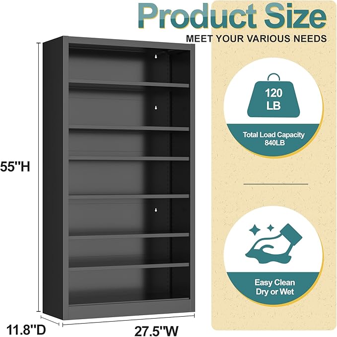 55" Storage Cabinet with 6 Adjustable Shelves (8 Tiers Total), Metal Shelving Unit for Garage, Pantry, Office – Easy Assembly, Durable Freestanding Organizer (Black, 7 Tier-55"H x 27.6"W x 11.8"D)