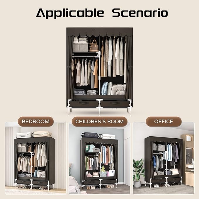 Portable Wardrobe Closet for Bedroom, Small Storage Organizer with 2 Drawers and 2 Hanging Rods, Includes Dust Cover.(Brown, 39.3 in)