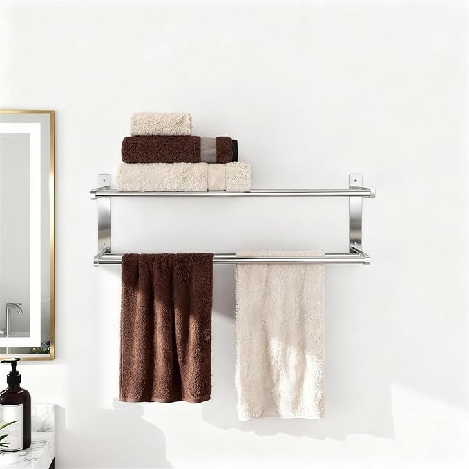 Towel Racks for Bathroom 24 inch, 2 Tier Bathroom Shelf with Double Towel Bar, Stainless Steel Wall Mounted Towel Rack with Shelf for Bathroom Towels Storage, Brushed Nickel