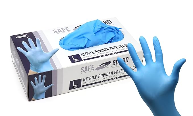 Safeguard Nitrile Disposable Gloves, Powder Free, Food Grade Gloves, (SYNCHKG082507), Box, Large (100 Count)