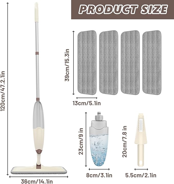HOMTOYOU Wet Mop for Floor Cleaning: Microfiber Spray Mop with 4 Washable Pads for Cleaning Home Kitchen Multi-Surface Floors - 1Pcs 400+ML Refillable Bottle