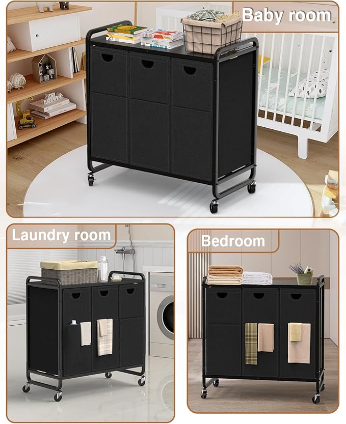 Laundry Sorter 3 Section,Laundry Basket with Wheels,3×15.8 Gal (60L) Laundry Hamper Organizer with Large Wooden Desktop Sorter,Pull-Out and Removable Laundry Bags (Black, 3 Bags - 180L)