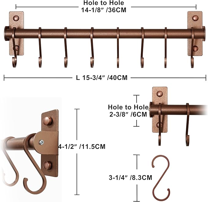 Dseap Kitchen Utensil Holder Hanger, Pot and Pan Rack Wall Mounted, Kitchen Rail with 8 Hooks for Hanging Cooking Utensils, Mugs, Spoons, Wall Mounted, Antique Copper New, Pack of 2