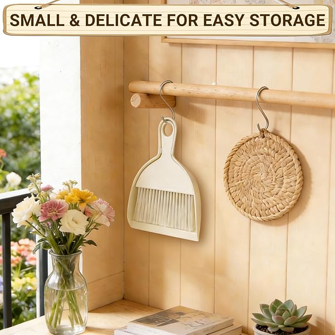 THINKLEARN 2PCS Mini Broom and Dustpan Set, Small Dustpan and Brush, Compact Hand Broom Dust Pan Set for Cleaning, Beige
