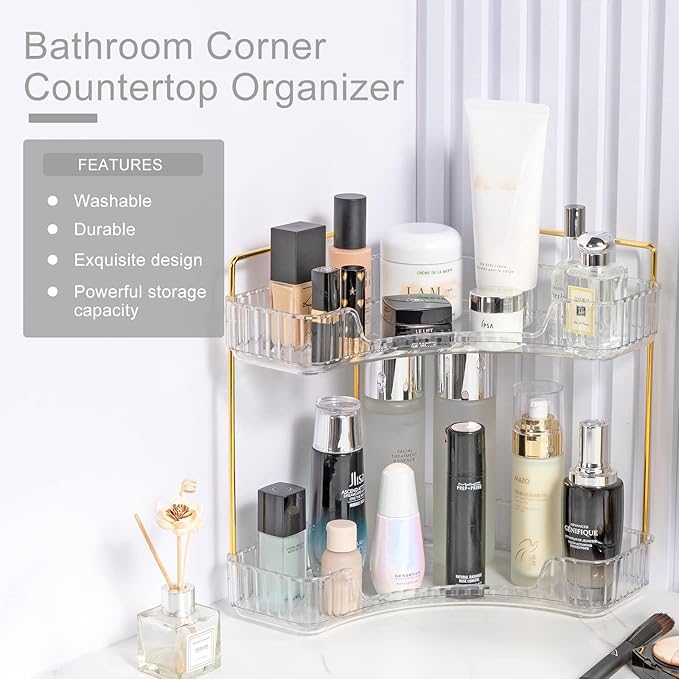 INVSSENE Corner Bathroom Countertop Organizer, Vanity Trays for Counter, Makeup Organizers, Perfume Tray, Kitchen Spice Rack, (Clear, 2 Tiers)