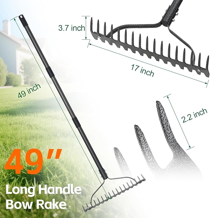 Garden Rake, 49" Adjustable Long Handle Lawn Leveling Bow Rake with 17 Tines, Garden Tool with Heavy Duty Metal for Looseing Soil, Weede Control