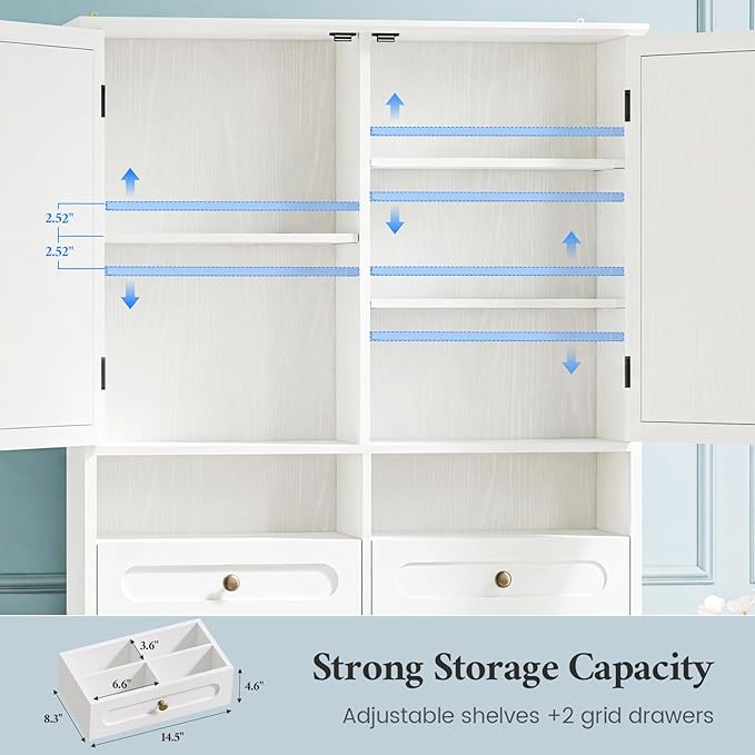 Over the Toilet Storage Cabinet with Mobile Bathroom Storage Cabinet & 3 Adjustable Shelves, Bathroom Storage Cabinet Over Toilet with 4 Section Drawers for Bathroom and Laundry Room, White