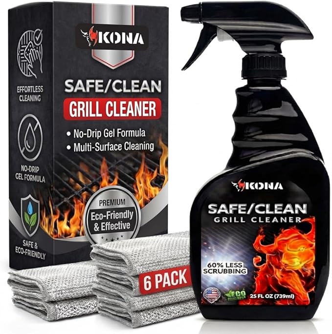 Kona Safe/Clean Grill Cleaner Spray, 23 oz + 6 Stainless Steel Scrub Cloths Bundle, No-Drip Gel Degreaser for Grill Grates, Griddles, Oven, Stainless Steel