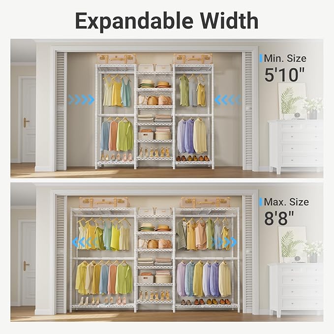 VIPEK X3 Plus Large Expandable Closet Rack Adjustable from 5'10" to 8'8" with Extendable Shelves and Hanger Rods, Freestanding Clothing Racks Modular Closet Systems Wardrobe, Max Load 1360LBS, White