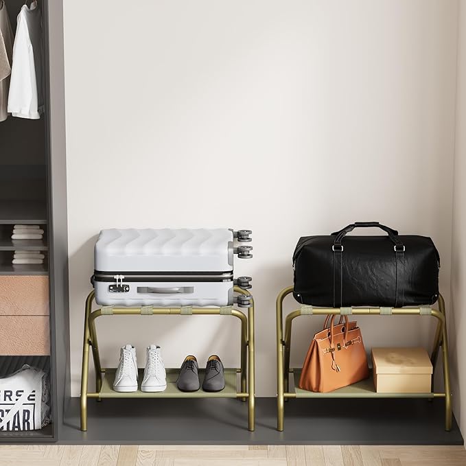 Smuxee Gold Luggage Rack Pack of 2, Foldable Suitcase Stand with Fabric Storage Shelf, Luggage Holder with 4 Nylon Straps for Hotel Guest Room Bedroom