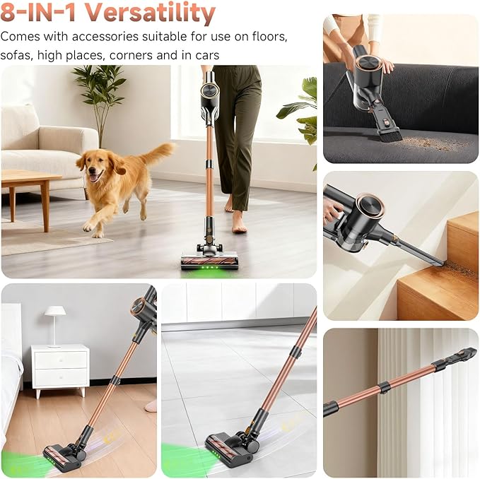 Shieal Cordless Stick Vacuum Cleaner - 45KPA Powerful Suction Vacuum with 45 Min Runtime, Detachable Battery, Anti-Tangle & 1.5L Dust Cup, 8 in 1 Vacuum Cleaner for Pet Hair, Carpet, HardFloor, Pink