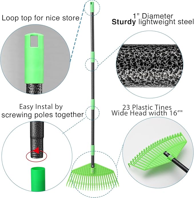 Plastic Rake for Leaves, 23 Tines 16" Wide Plastic Lawn Gravel Shrub Leaf Rake for Leaves and Grass, Thatch Garden Rakes for Yard Heavy Duty Long Handle 35-65"
