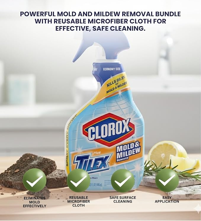 Plus Tilex Remover With Bleach 32 Oz Bundle With Microfiber Cleaning Cloth For Bathroom Surface Spray Routines & Stain-Lifting Tasks — Gift Set (2 Items)