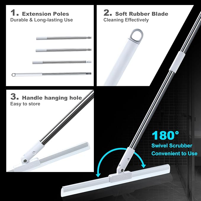 Rubber Squeegee Broom for Floor,62" Long Handle Window Squeegee, Silicone Pet Hair Remover,Magic Squeegee Broom for Indoor Cleaning,Cleans Glass, Hair, fine dust, Liquids, Suitable Smooth Floors, Rugs
