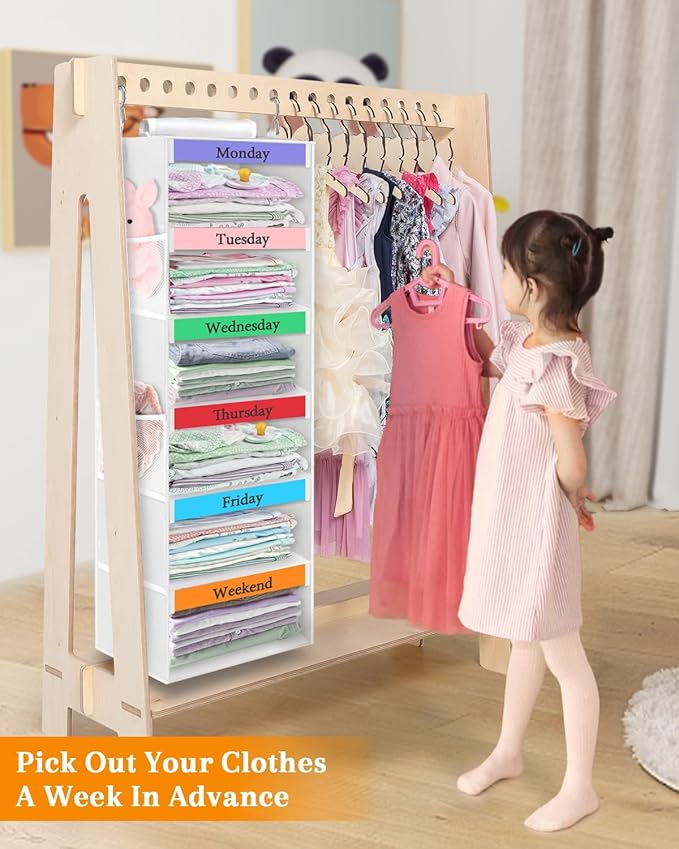 punemi Weekly Clothes Organizer for Kids, 6-Shelf Hanging Closet Storage with Side Pockets, Days of The Week Design, 11.8" x 11.8" x 37.8", Perfect for Organizing a Week's Worth of Kids' Clothing