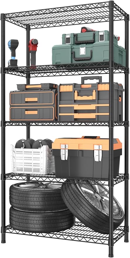Golpart 5 Tier Heavy Duty Adjustable Storage Shelf Organizer Storage Metal Shelves Garage Wire Shelving Unit Pantry Rack 18" D x 36" W x 71.25" H,Black
