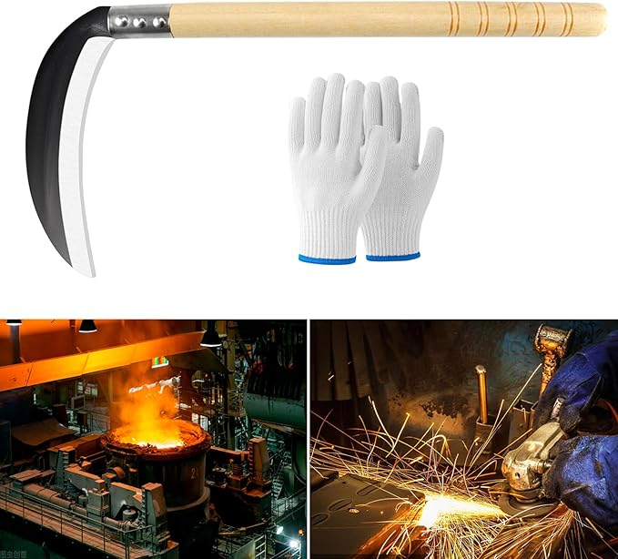 Carbon Steel Grass Sickle with Wood Handle, Gardening Weeding Weeder, Garden Hand Tool, Farming Weed Remover, Scythe Blade Cutter, Manual Mowing Blade Cutter, Thick Blade Quick Work