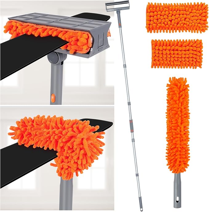 Ceiling Fan Cleaner Kit with 77" Extension Pole, Reusable Chenille Brush for Fan Blades (Up to 8in), Cobwebs, Walls, and Furniture (Orange)