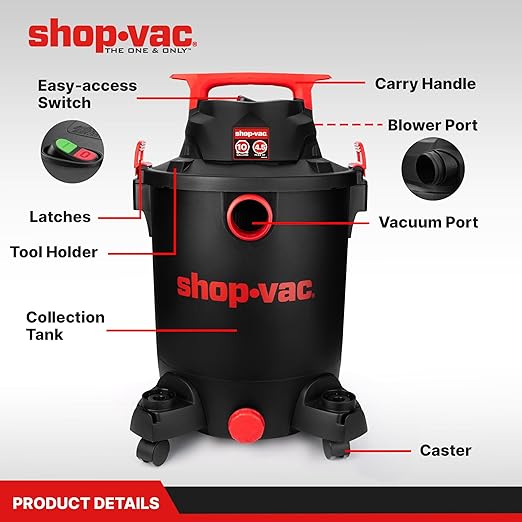Shop-Vac 5430115 Wet/Dry Vacuum, 10 Gallon, Black, 4.5 Peak HP, 1-7/8 Inch Diameter x 7 ft Hose, 15 ft Cord, Ideal for Jobsite, Garage, Workshop & Home