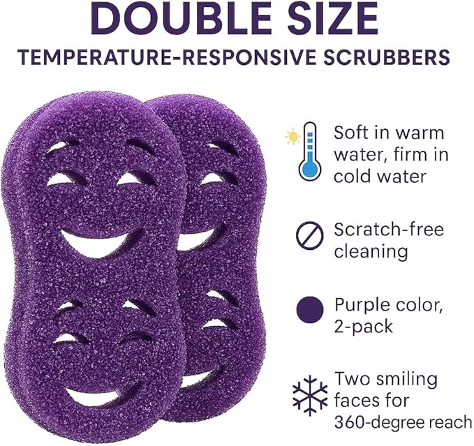 Smilyeez Double-Size Scrub Moji Sponge 2-Pack – Dual Smiling Faces, Temperature-Responsive Scrubber – Scratch-Free, Odor & Stain Resistant – Yellow
