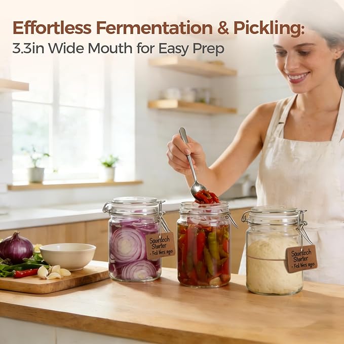 ComSaf 17oz Glass Jars with Airtight Lids 6-Pack, Wide Mouth Wire Clamp Canisters for Sourdough Starter, Fridge Pickling & Pantry Organization, Straight-Sided Farmhouse Apothecary Jars (500ml)