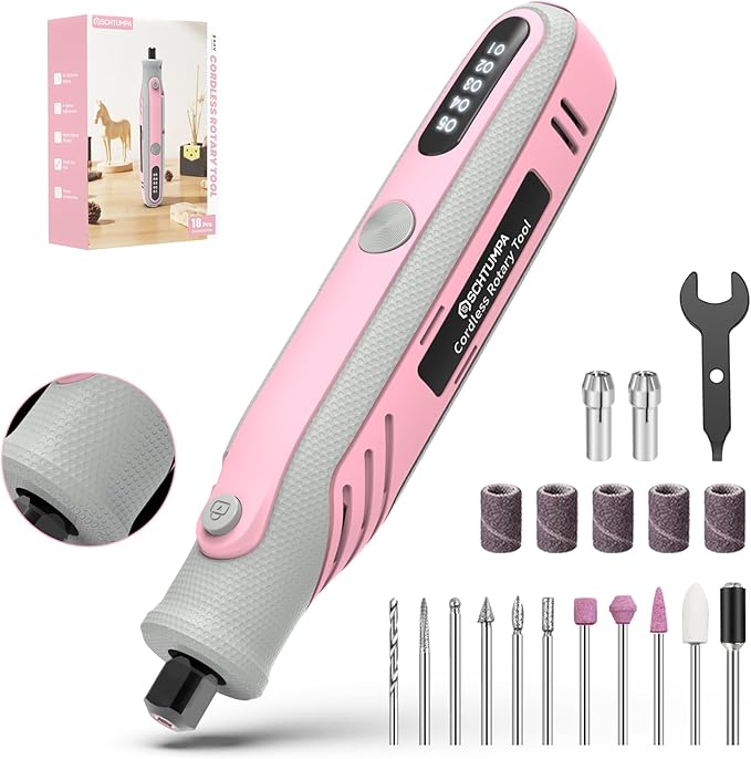 Rotary Tool, 4V Pink Cordless Rotary Tool with LED Display, Lasting Speed Memory, Rotary Tool Kit for Small DIY Project, Small and Light with Rubber Handle for Engraving, Sanding, Drilling, Polishing