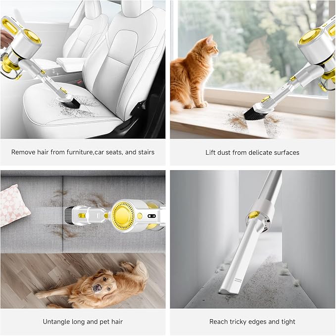 Honki Cordless Vacuum Cleaner for Home, Powerful Stick Vacuum with Rechargeable Battery, Green Light Anti-Tangle Brush, 6-in-1 Lightweight Handheld Vacuum for Pet Hair, Hard Floor, Carpet, Yellow