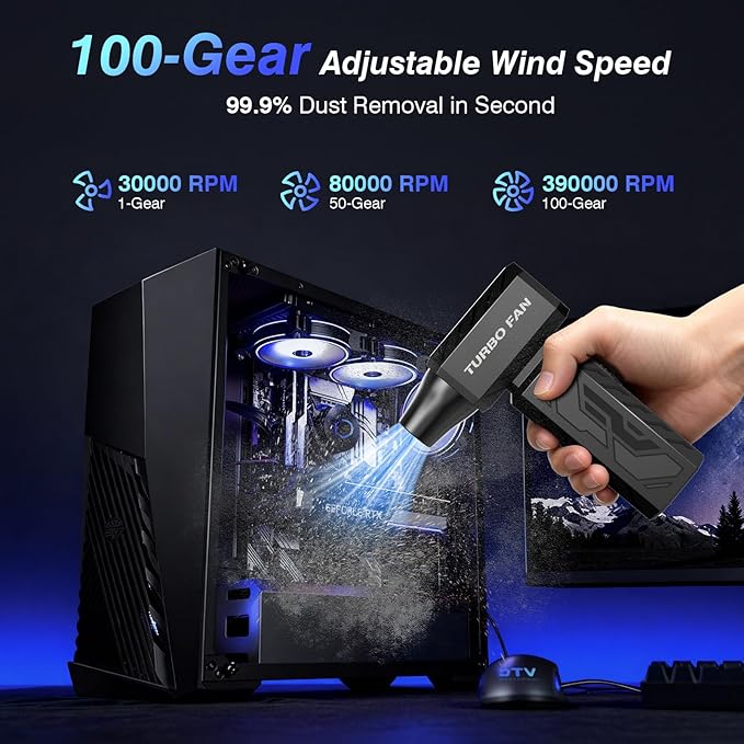 Compressed Air Duster, 390000RPM Powerful Electric Air Duster, 100-Gear Stepless Adjustable Cordless Air Blower with Brushless Motor, Upgraded Mini Blower for Keyboard Computer Car Home Cleaning