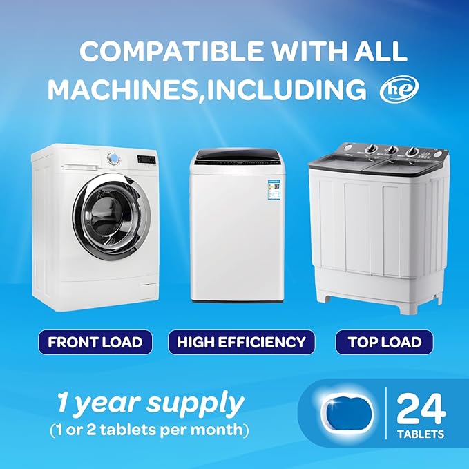 Washing Machine Cleaner Tablets 24 Pack - 16.9oz Washing Machine Cleaner Top Load, Septic Safe Washer Machine Cleaner Tablets, HE Washer Cleaner - 1 Year Supply