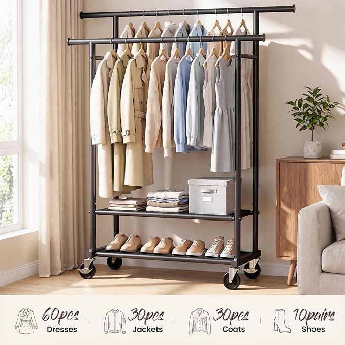 Clothes Rack, Double Rods Rolling Clothing Rack for Hanging Clothes Closet Rack with Wheels, Metal Portable Garment Rack with Double Shelves for Bedroom Laundry Living Room, Black