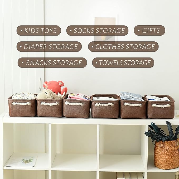TheWarmHome Storage Basket for Organizing - 12x8x5 inch Small 6 Pack Collapsible Storage Bin for Shelves with Handles, Canves Storage Box for Cloth Closet Organizer Gift Toy (Brown)