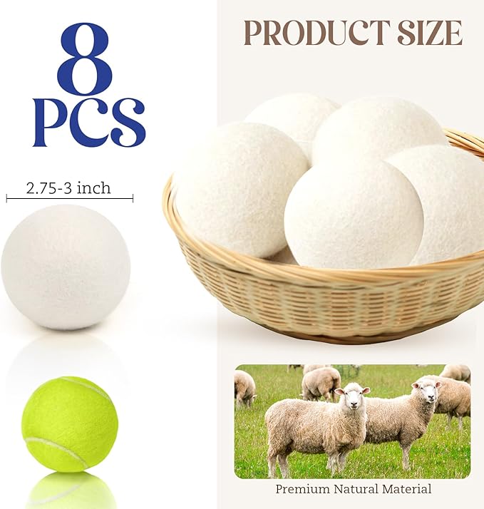 Wool Dryer Balls, New Zealand Dryer Balls Laundry Reusable Reduce Static Cling, Dryer Ball to Reduce Wrinkles & Shorten Drying Time, Drying Balls Fabric Softener Ball for Laundry（Pack of 8 L)