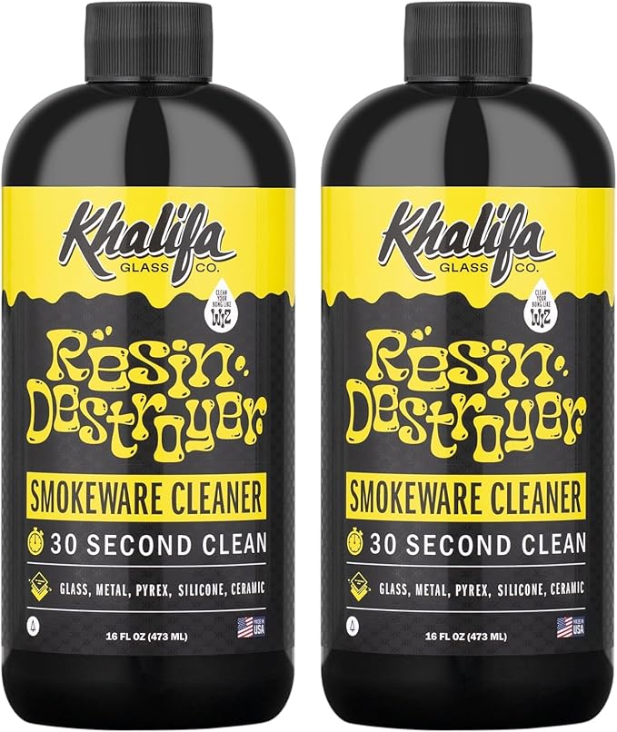 Khalifa Resin Destroyer Cleaning Solution Fl Oz Bottle - Clean & Deodorize Glass, Ceramic, Silicone & Metal - Restore Your Pieces to Perfection - Destroy Resin, Wax, Oil & Stinky Debris (32 Fl Oz)