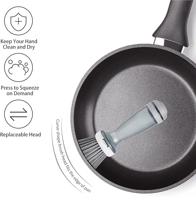 CQT Dish Brush with Soap Dispenser – One-Press Suds, Built-in Scrubbing Pad, Non-Slip Handle for Pots, Pans & Non-Stick Cookware – Includes 2 Refill Heads