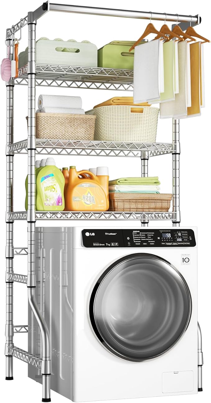 Ulif U11 Medium Over Washer and Dryer Shelves, 3 Tiers Laundry Room Storage and Organizer Standing Shelf, Metal Freestanding Clothes Drying Rack, 31.1" W x 19.7" D x 77.6" H, Chrome
