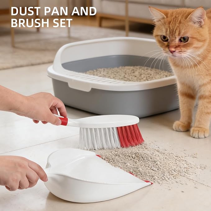 NACENA Dust Pan and Brush Set, Large Hand Broom and Dustpan Set Large Brush and Dustpan Set for Camping Broom and Dustpan Combo for Daily Cleaning Pet Hair Office Home Car, White & Red