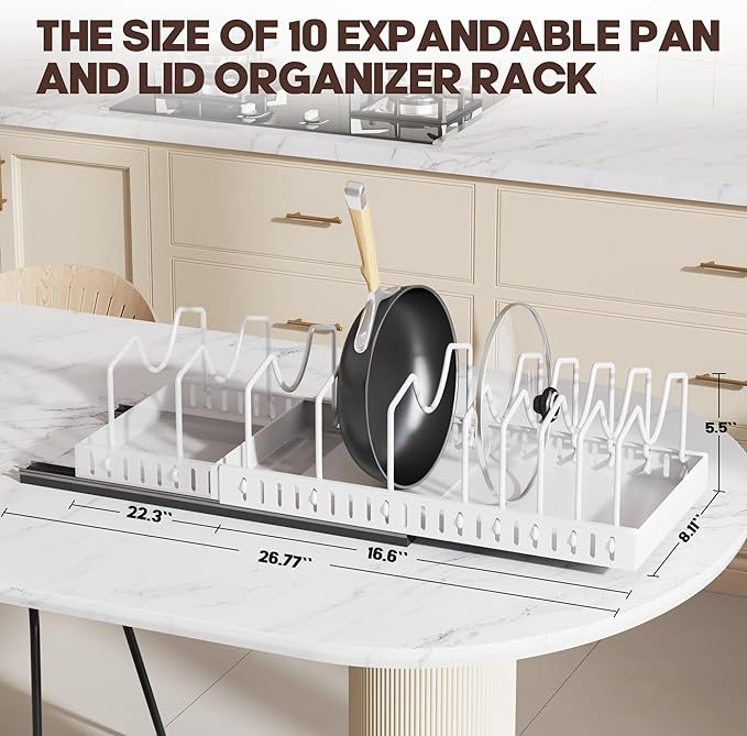 Pull Out Pots and Pans Organizer Under Cabinet, Expandable Sliding Lid Holder and Pan Rack for Kitchen, Slide Out Inside Cabinet for Pot Lid, Bakeware, Dishes, 10 Adjustable Dividers, 1 Pack White