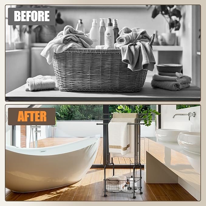 Freestanding Towel Rack for Bathroom, 3-Tier Durable Black Metal Stand with Wheels and Basket, Towel Drying Rack, Multi-Use Blanket Rack for Indoor/Outdoor Bathroom