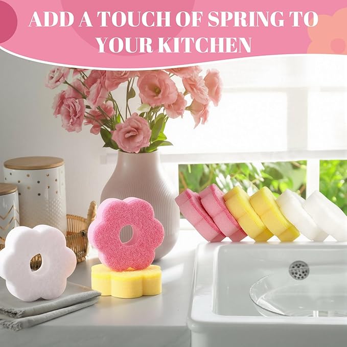 Tioncy 12 Pack Pink Flowers Sponges Bulk Spring Kitchen Decor Dual Sided Scrubber Sponges Dishwashing Kitchen Cleaning Accessories for Household Supplies