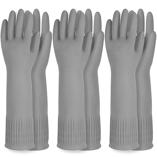 Mamison 2 Pairs Reusable Waterproof Household Dishwashing Cleaning Rubber Gloves, Non-Slip Kitchen Glove (Grey, Large (Pack of 3))