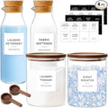 Glass Laundry Storage Containers Set, 4 Pack Liquid Detergent Dispenser with Cork Lid & Laundry Room Organization Jar with Acacia Lid, Fabric Softener Dispenser Bottles and Powder Detergent Organizer