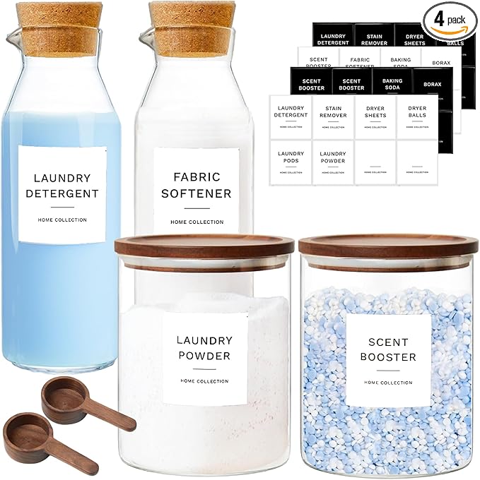 Glass Laundry Storage Containers Set, 4 Pack Liquid Detergent Dispenser with Cork Lid & Laundry Room Organization Jar with Acacia Lid, Fabric Softener Dispenser Bottles and Powder Detergent Organizer